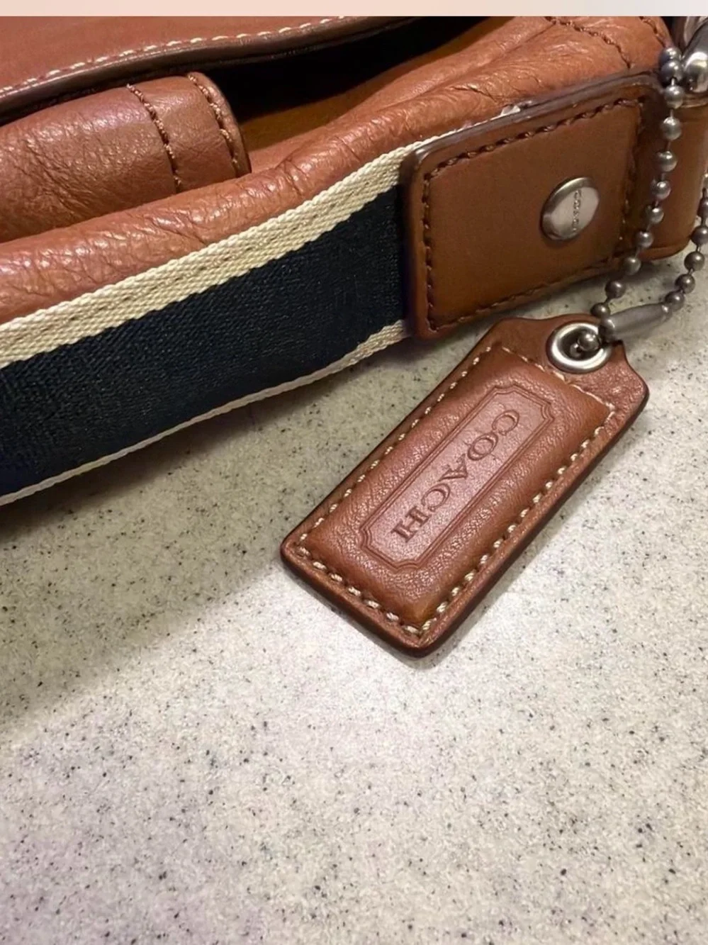 COACH Cognac Leather Messenger Bag with Navy-Striped Strap